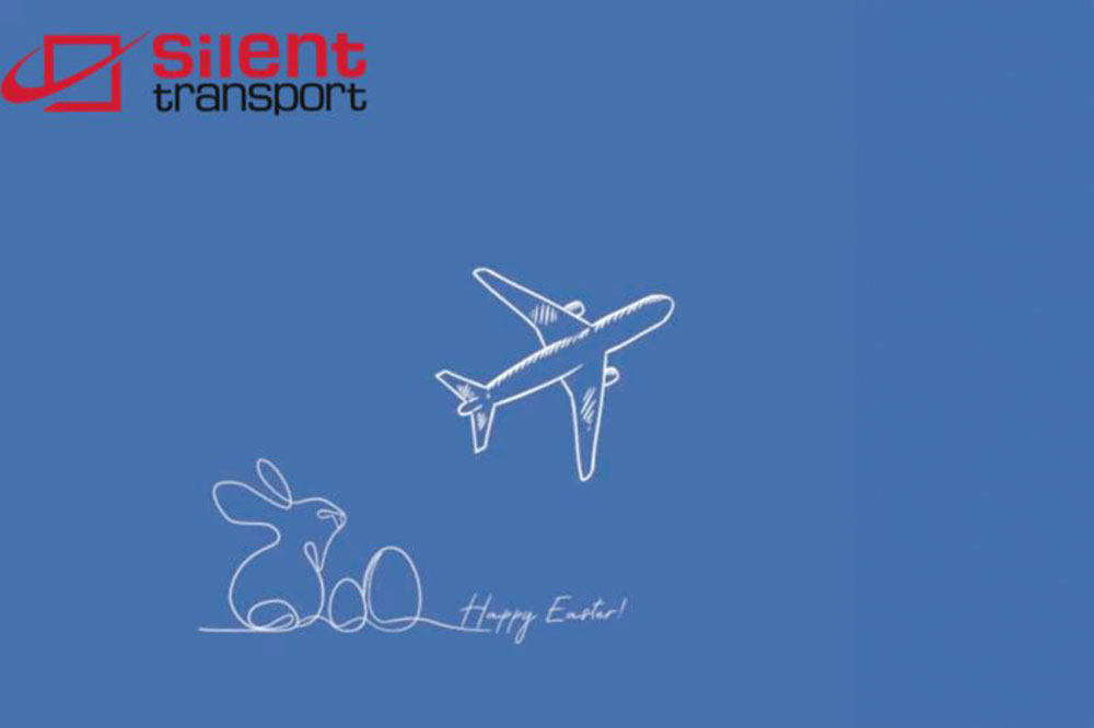 ”En animerad bild på ett flygplan och en kanin med påskägg.