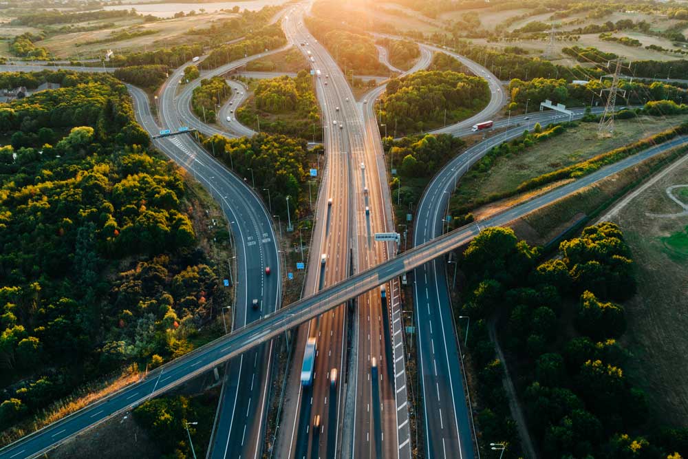 Motorways from above with cars driving